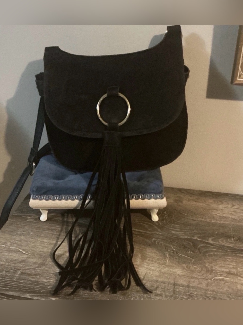 INC International Concepts Black Faux Suede Fringe Boho Crossbody Bag Gold Ring